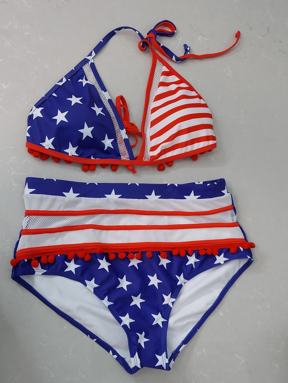 USA Flag Bikini, New! Size L, Pom-Poms, Stars & Stripes, Red Blue